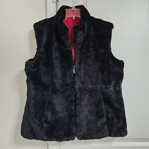 Giacca Reversible Vest Women’s XL Quilted Red Black Faux Fur Pockets Full Zip